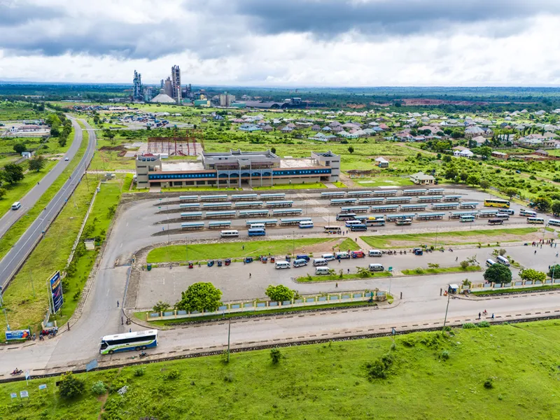 Tanga bus terminal, cement plant behind