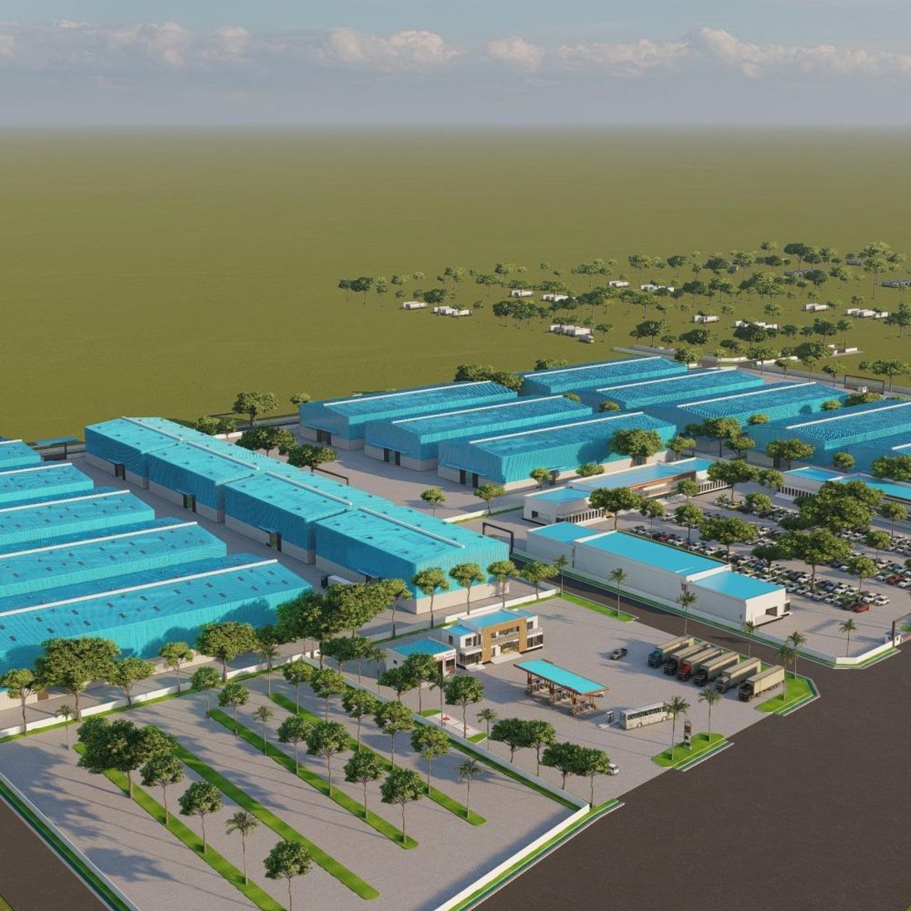 Wide render of warehouses and the petrol station plot (artist's impression)